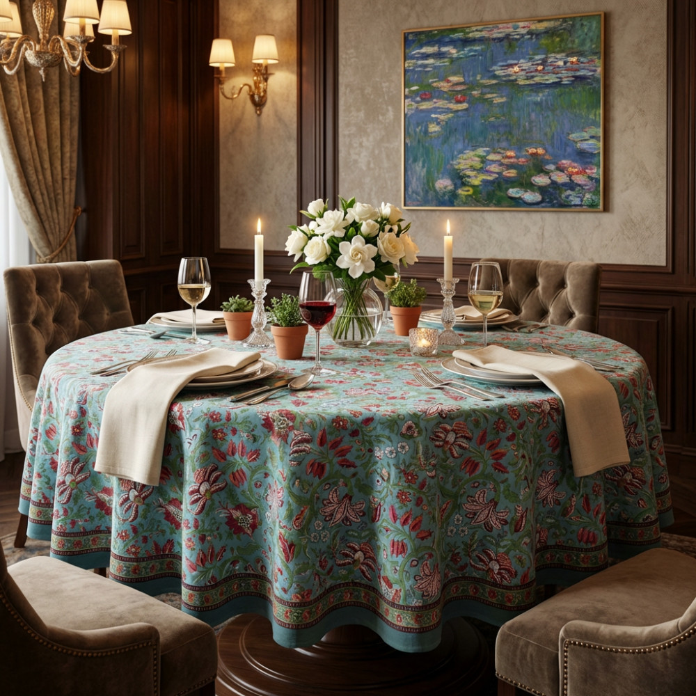 Image of Hand Block Printed Cotton Round Tablecloth 150 cms | Anarkali Green Gud 106821