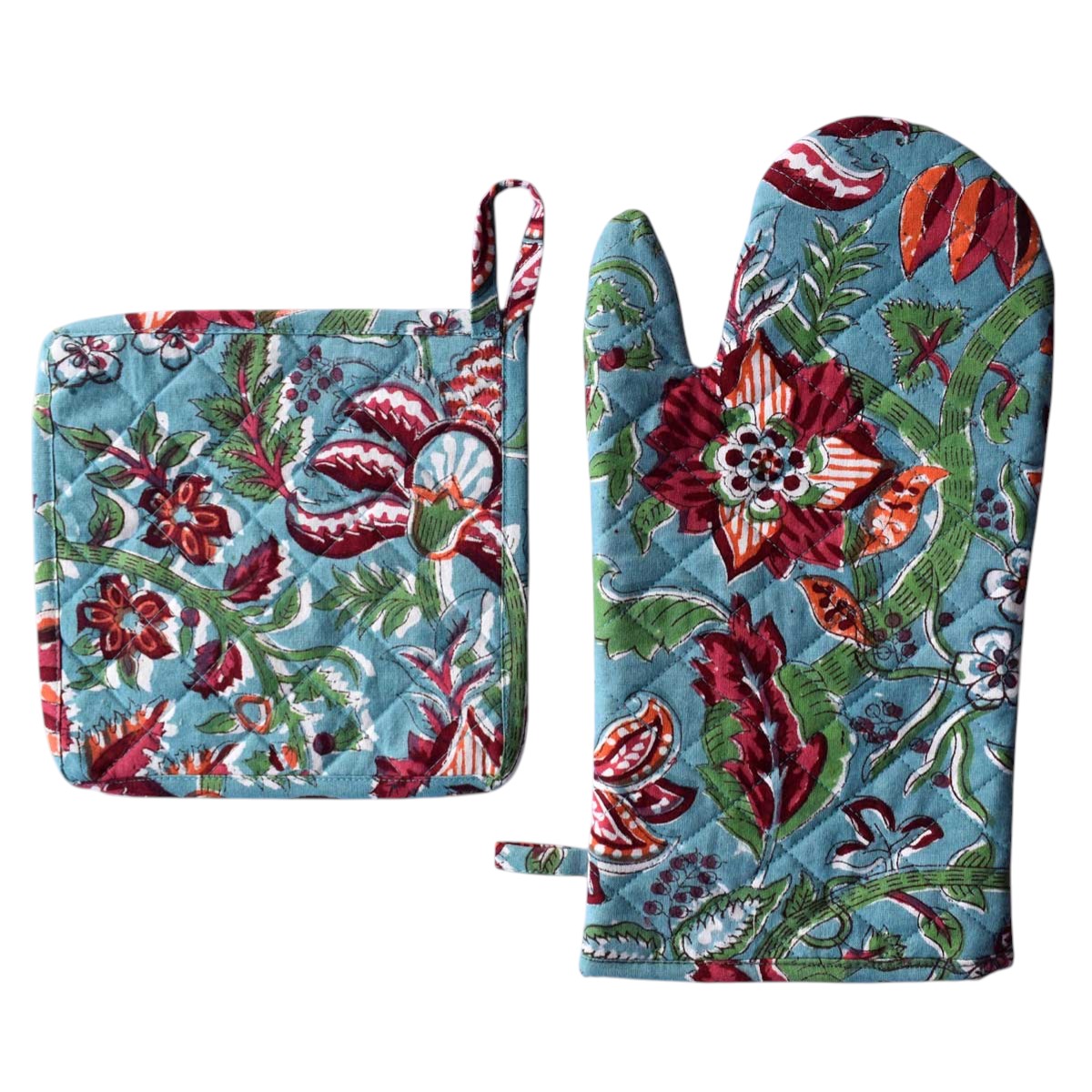 Artisan-Made Hand Block Printed Oven Mitt and Pot Holder Set Anarkali Green Gud 106821