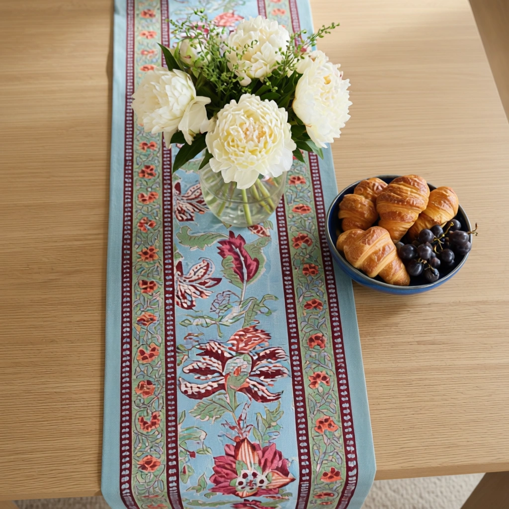 Hand Block Printed Cotton Canvas Table Runner 33x170 cms Anarkali Green Gud 106821