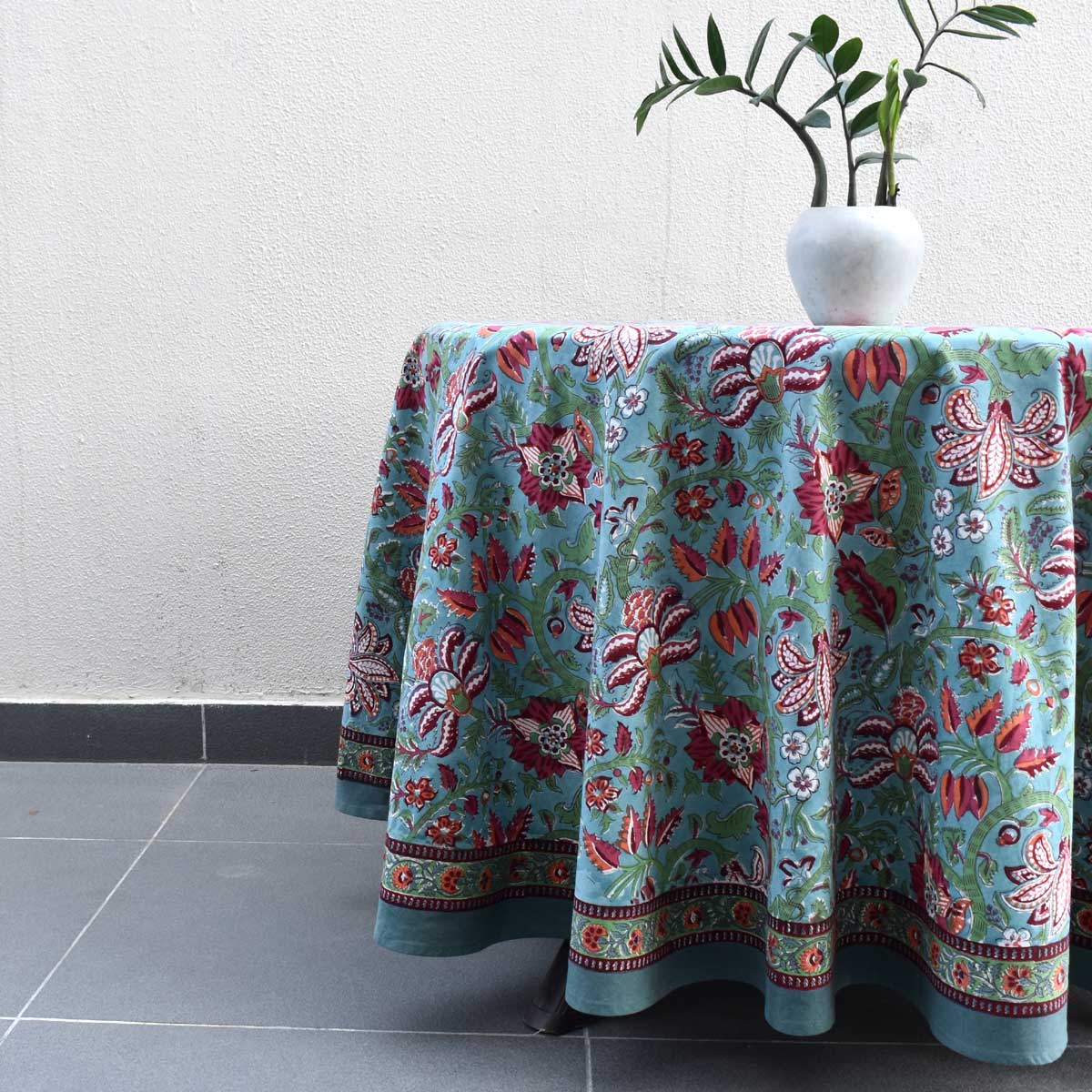 Hand Block Printed Cotton Round Tablecloth 275 cms Anarkali Green Gud 106821
