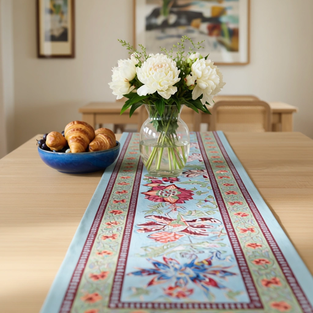 Hand Block Printed Cotton Canvas Table Runner 33x170 cms Anarkali Green Gud 106821