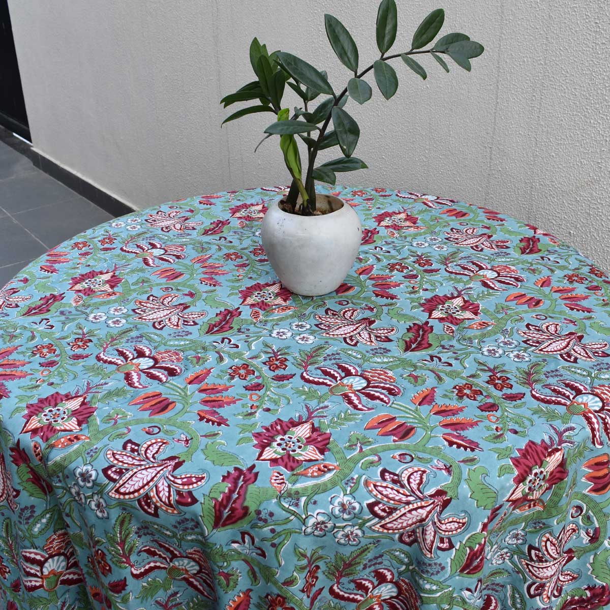 Hand Block Printed Cotton Round Tablecloth 275 cms Anarkali Green Gud 106821