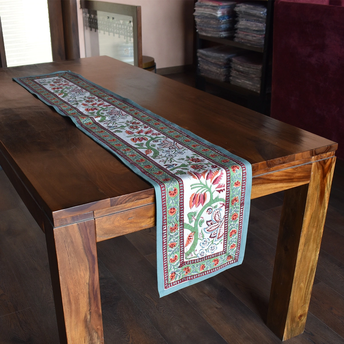 Hand Block Printed Cotton Canvas Table Runner 33x170 cms Anarkali Green Open 106822