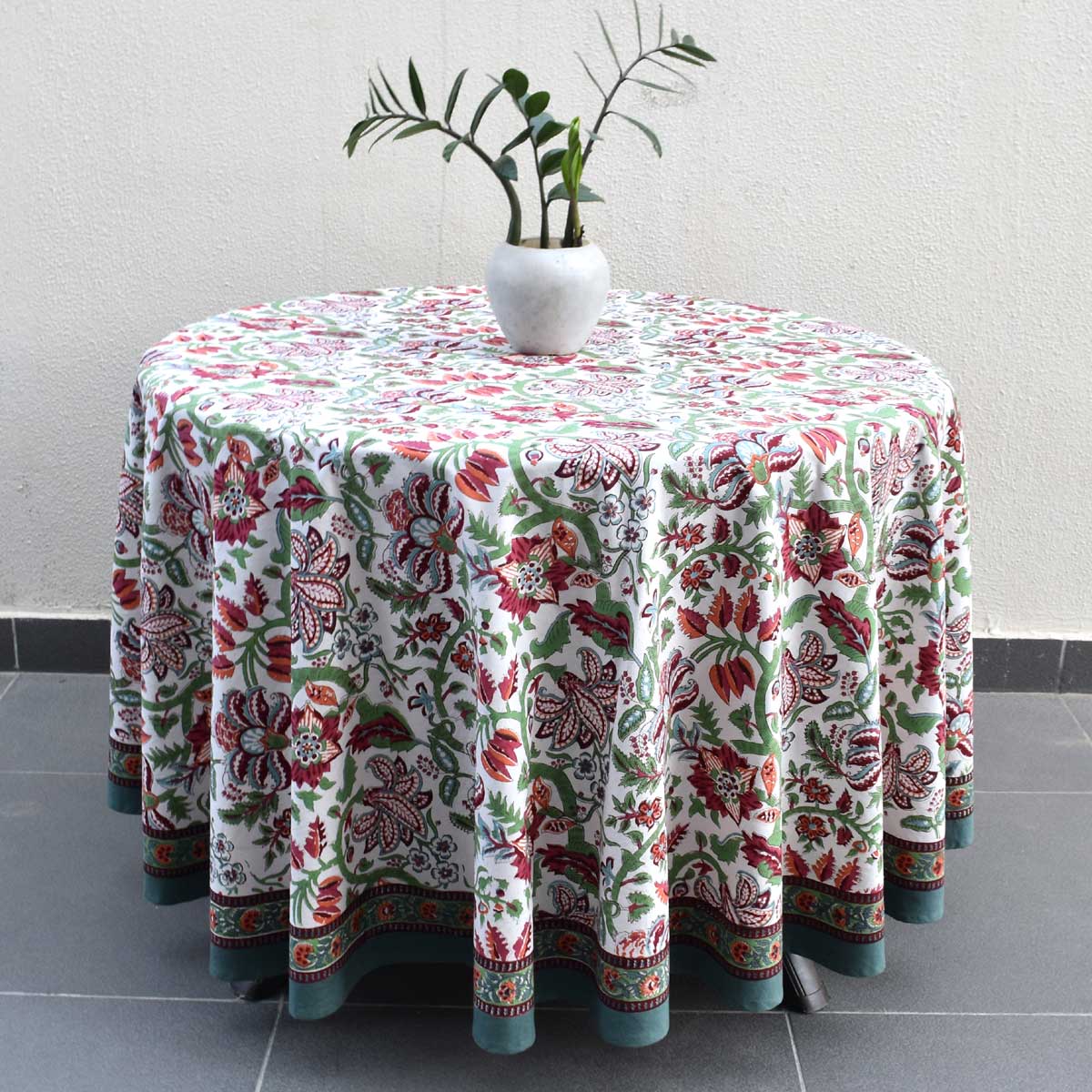 Hand Block Printed Cotton Round Tablecloth 220 cms Anarkali Green Open 106822