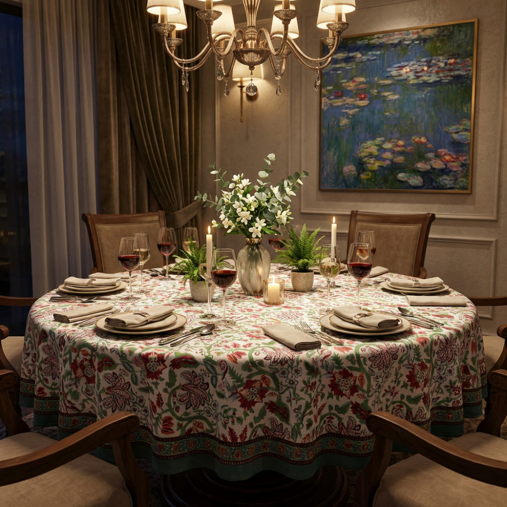 Image of Hand Block Printed Cotton Round Tablecloth 180 cms | Anarkali Green Open 106822