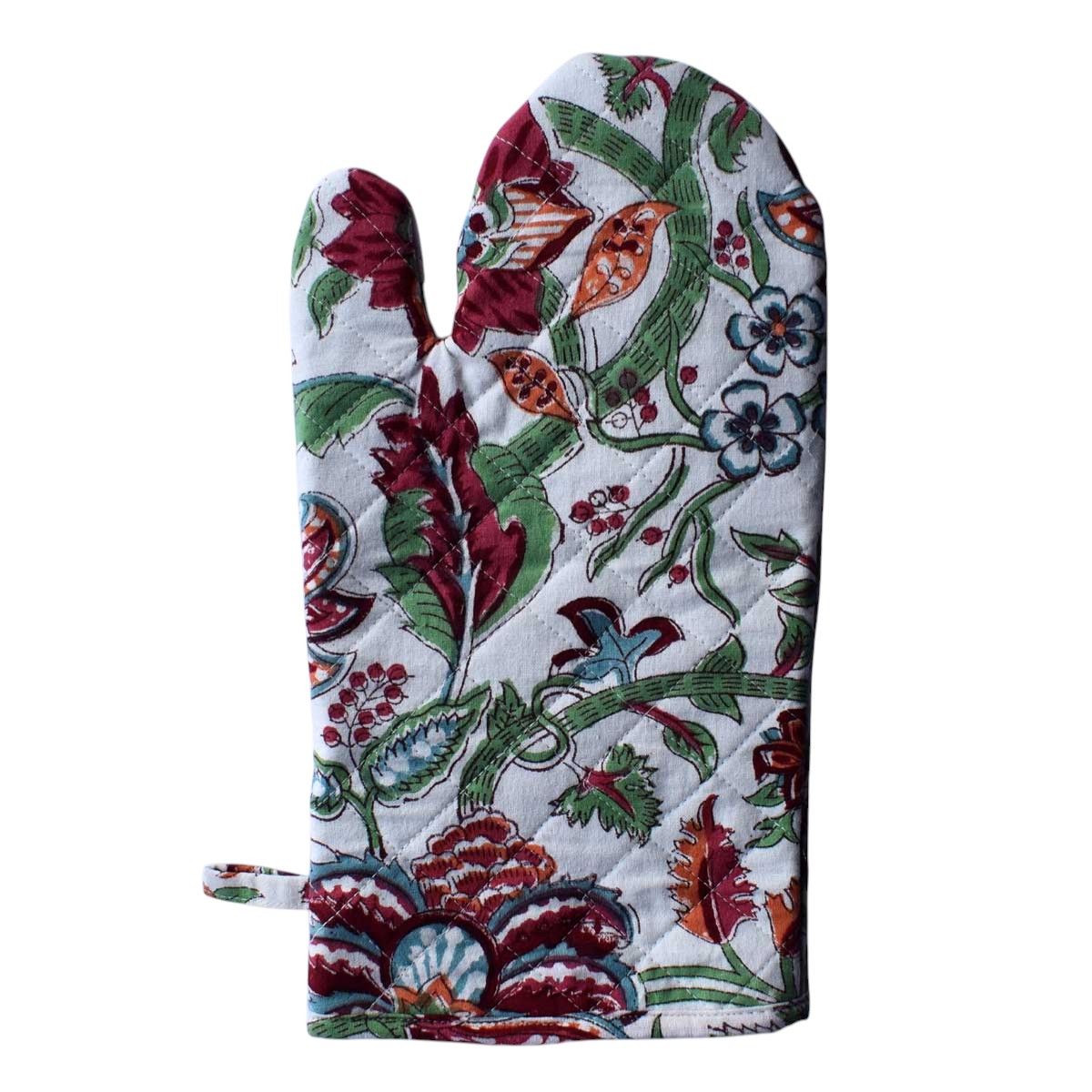 Artisan-Made Hand Block Printed Oven Mitt and Pot Holder Set Anarkali Green Open 106822