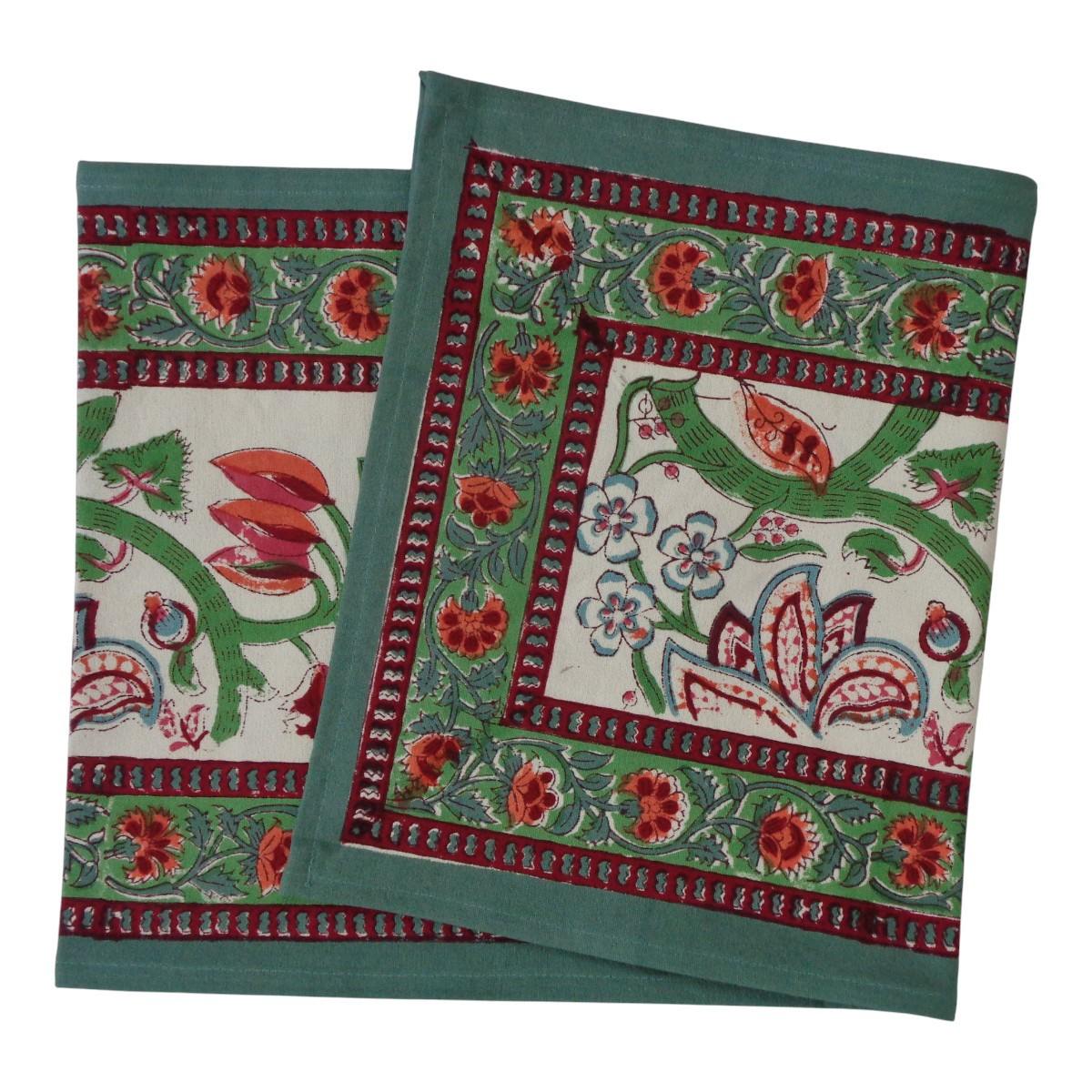 Hand Block Printed Cotton Canvas Table Runner 33x120 cms Anarkali Green Open 106822