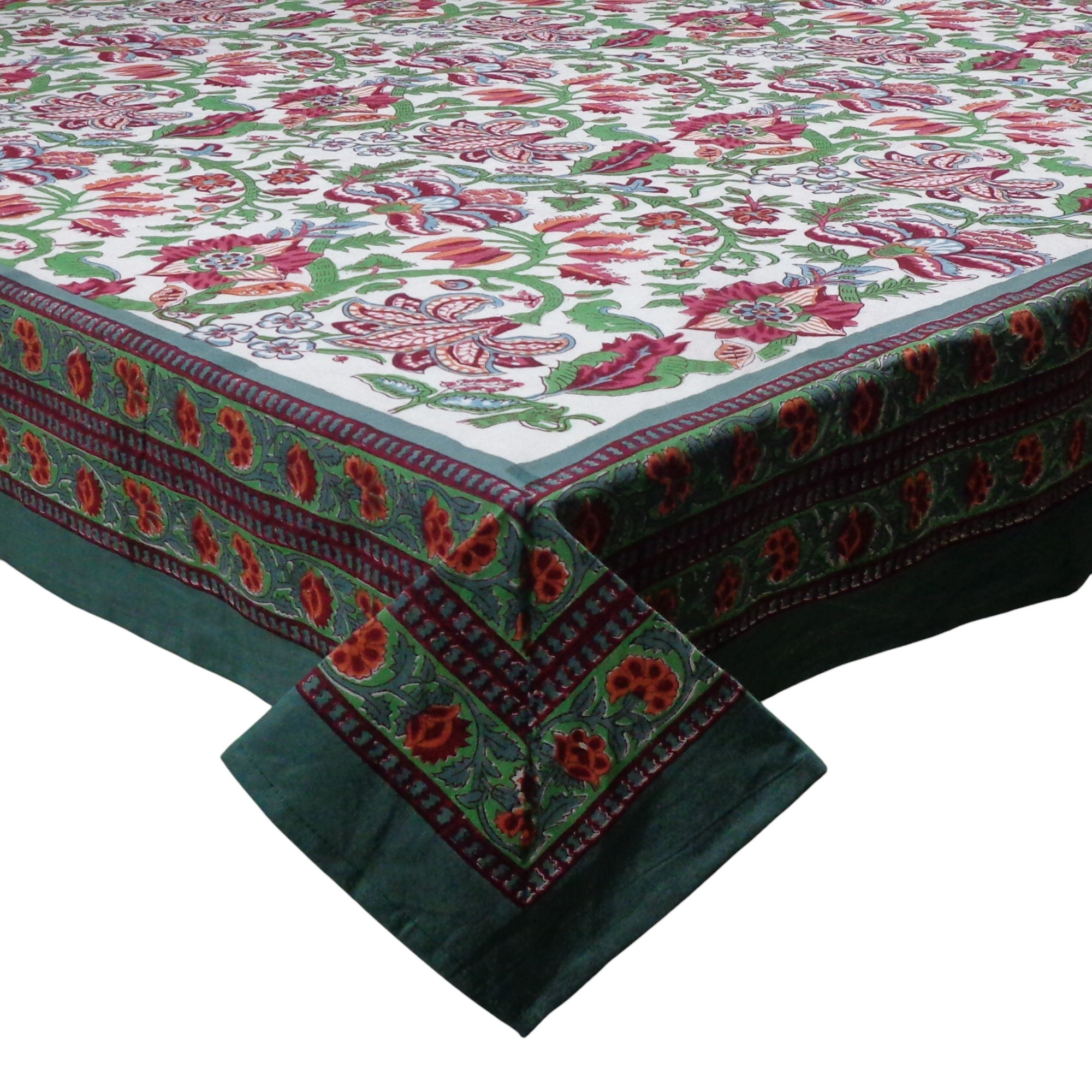 Hand Block Printed Cotton Tablecloth 150x150 cms Anarkali Green Open 106822