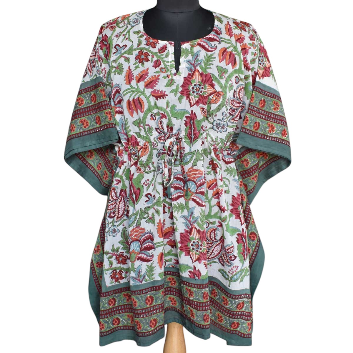 String Kaftan Free Size Indian Block Printed on Soft Cotton Voile Anarkali Green Open 106822