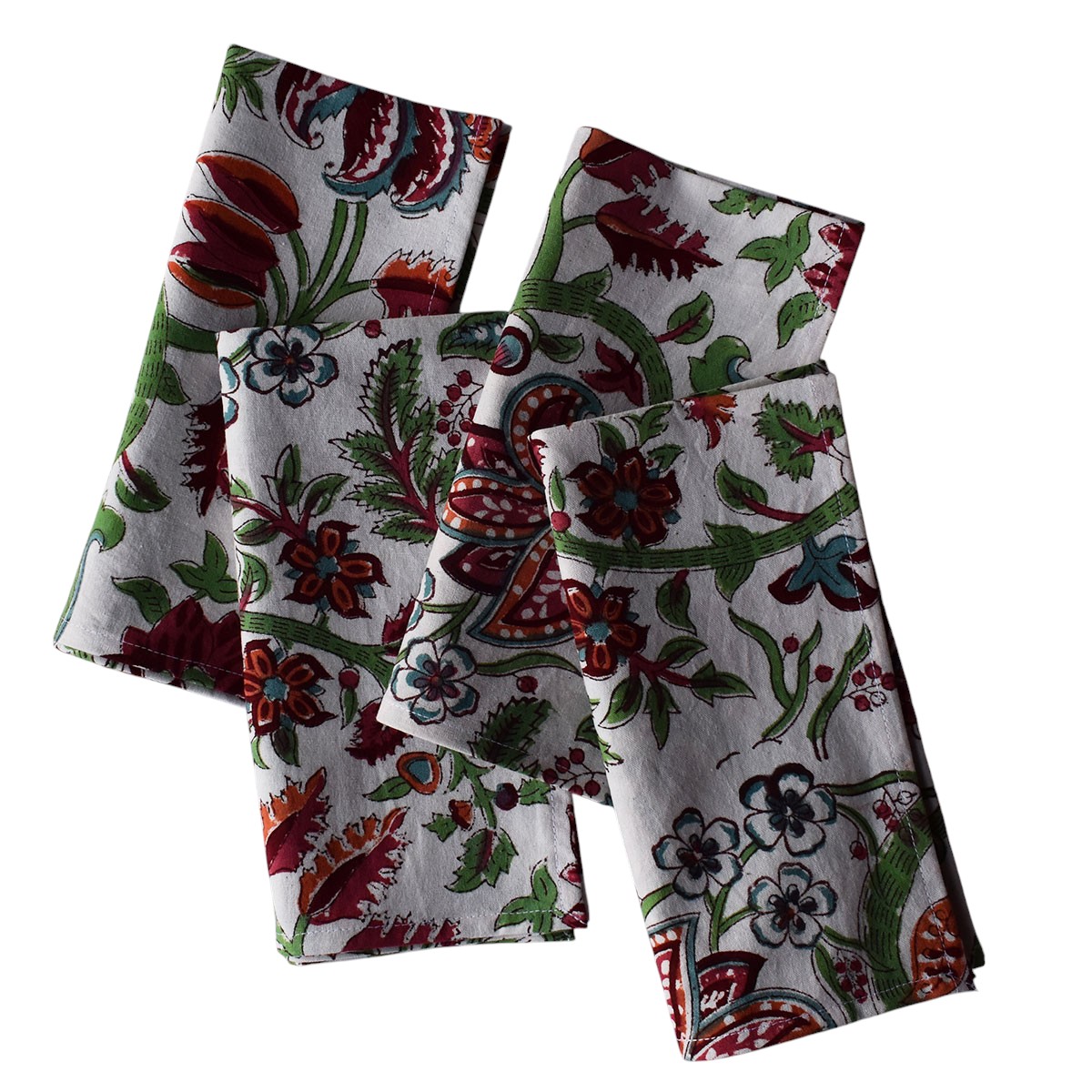 Hand Block Printed Cotton Napkin 45x45 cms Set of 4 Napkins Anarkali Green Open 106822