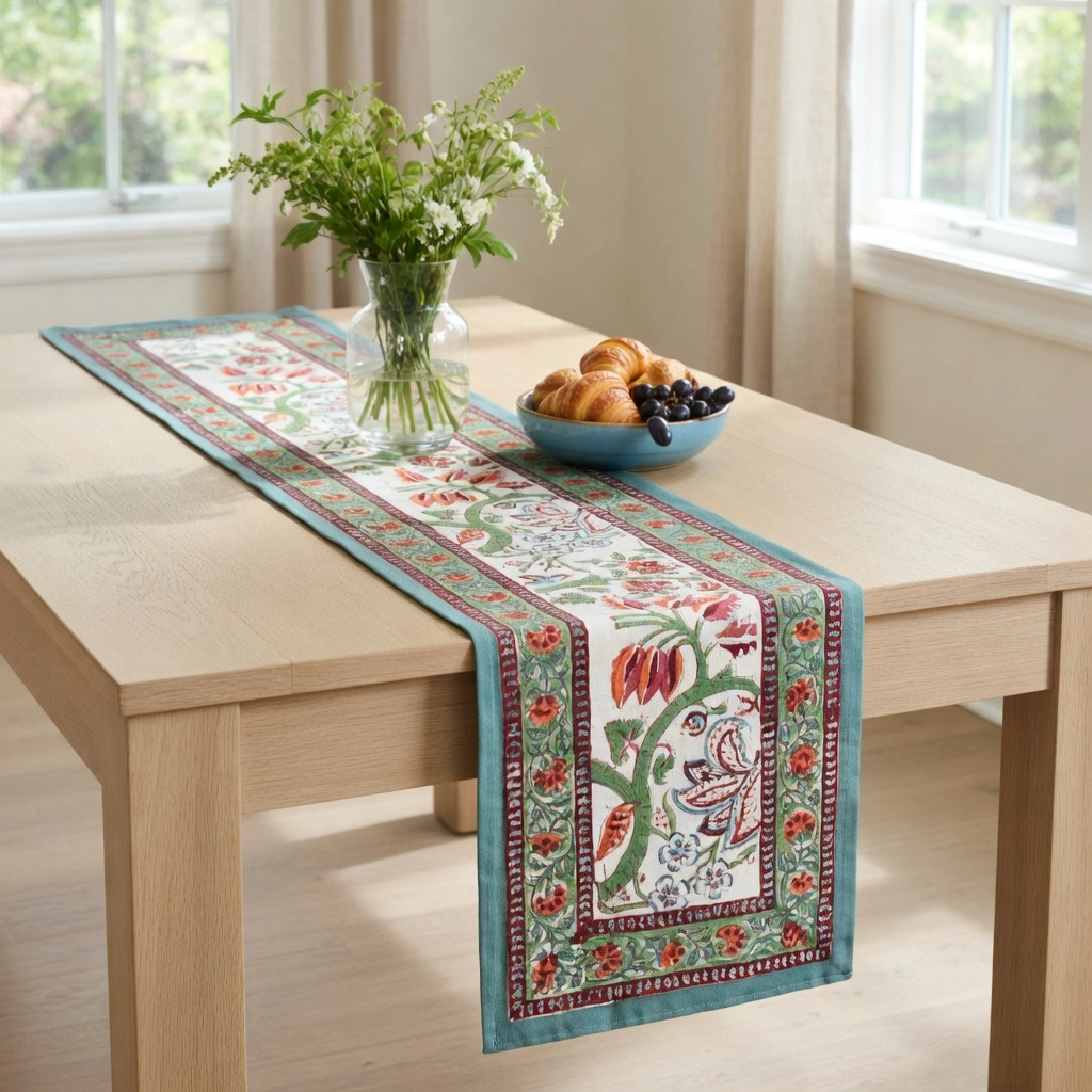 Hand Block Printed Cotton Canvas Table Runner 33x170 cms Anarkali Green Open 106822