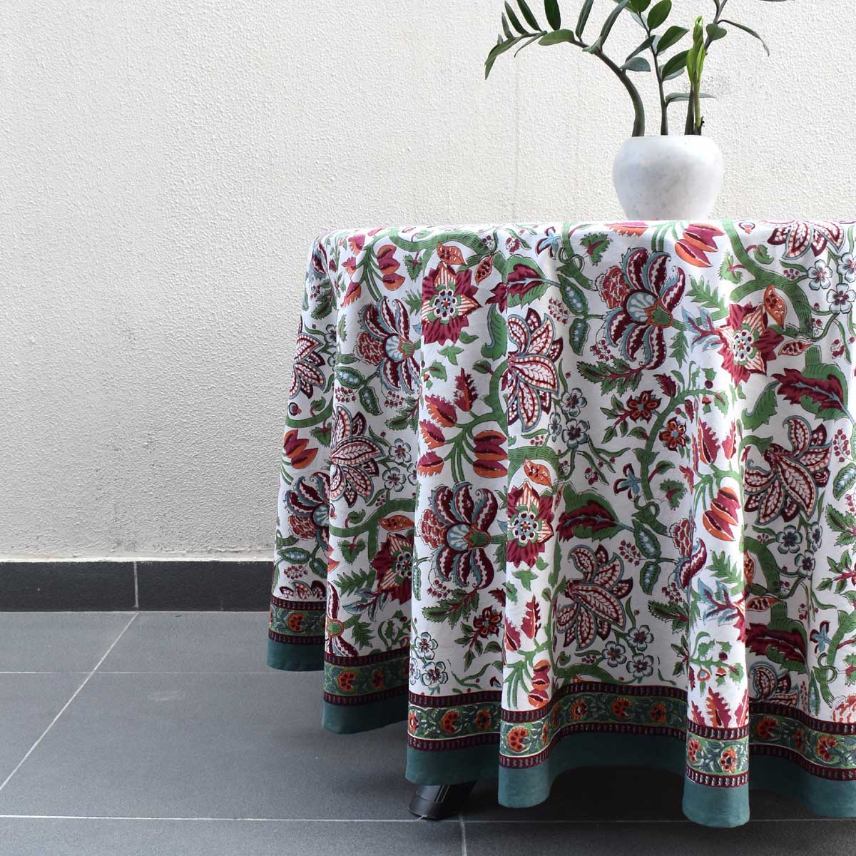 Hand Block Printed Cotton Round Tablecloth 220 cms Anarkali Green Open 106822
