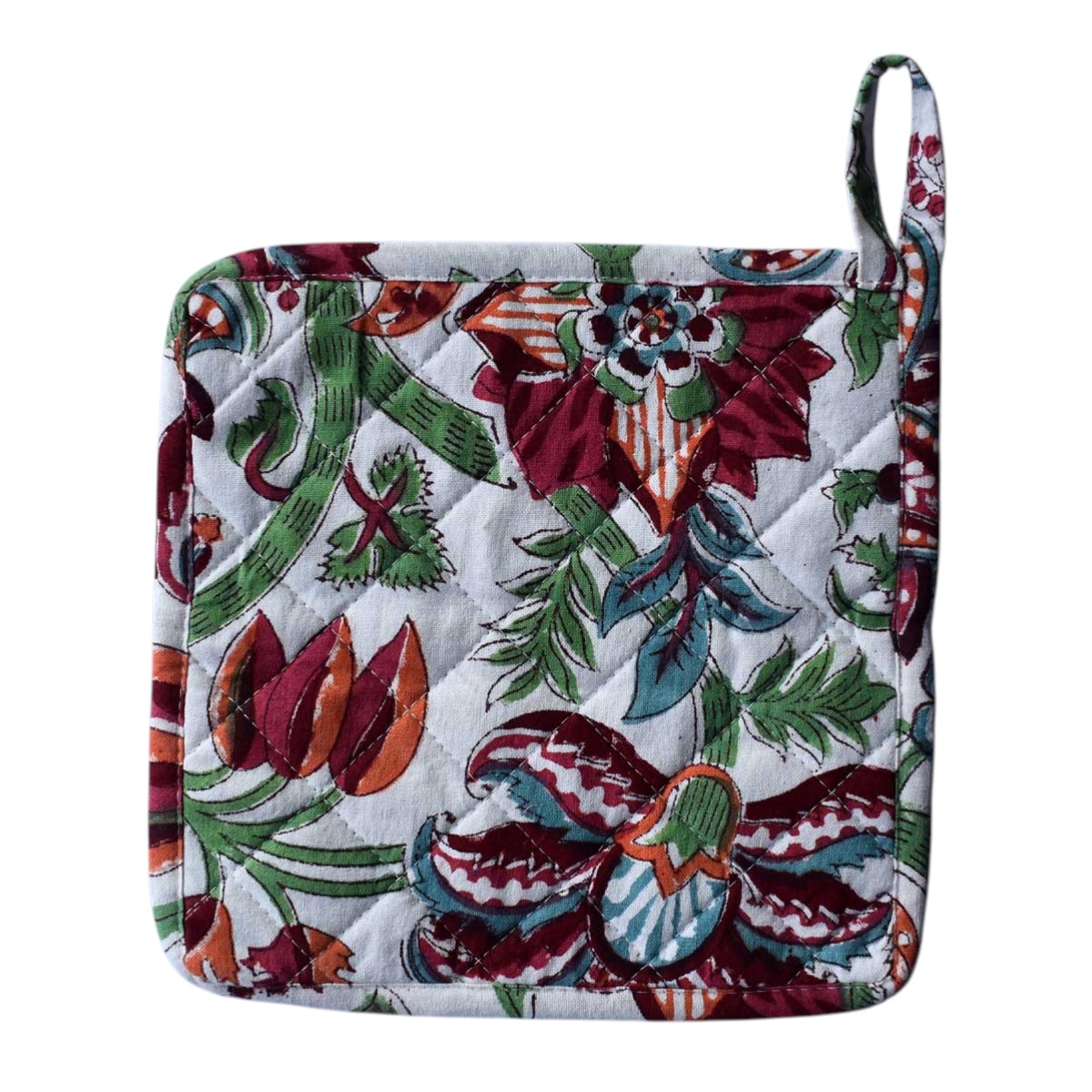 Artisan-Made Hand Block Printed Oven Mitt and Pot Holder Set  Anarkali Green Open 106822