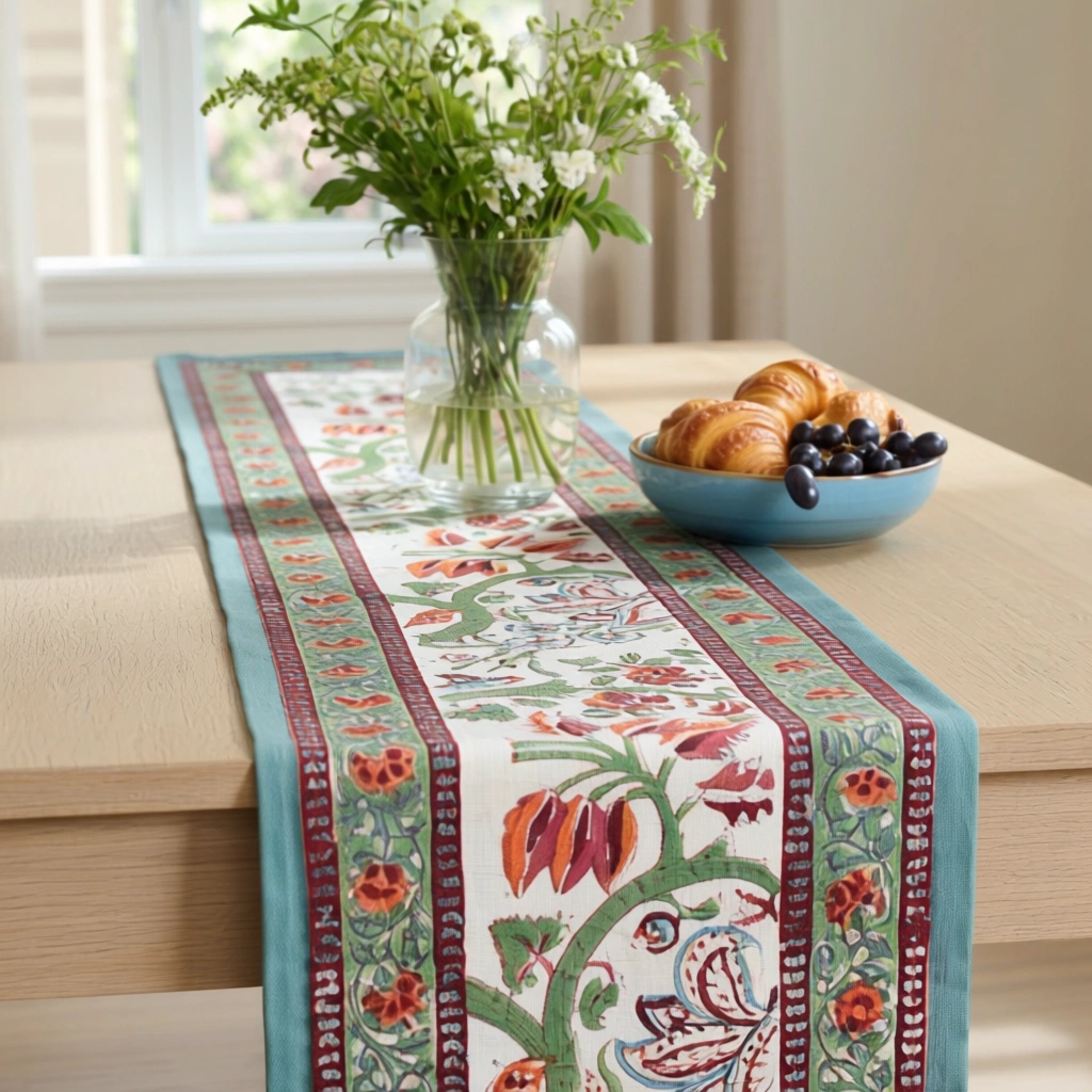 Hand Block Printed Cotton Canvas Table Runner 33x170 cms Anarkali Green Open 106822