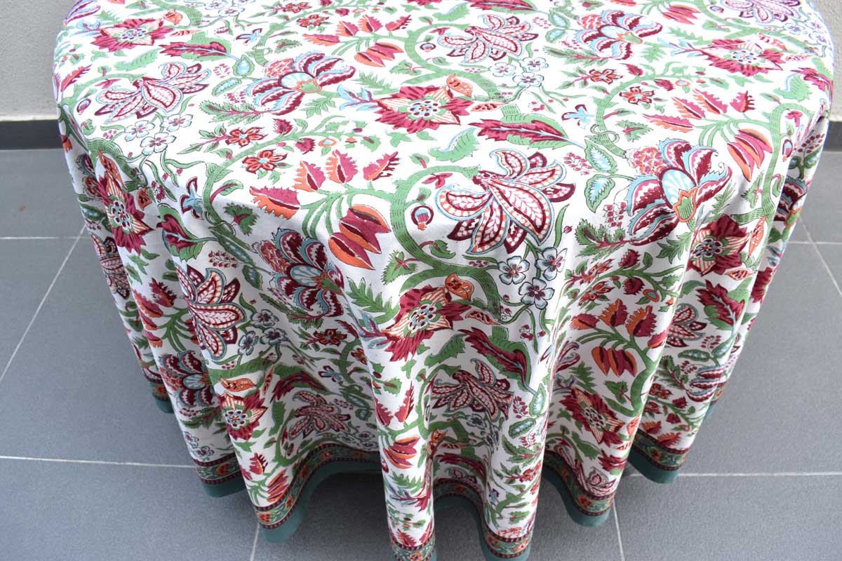 Hand Block Printed Cotton Round Tablecloth 180 cms Anarkali Green Open 106822