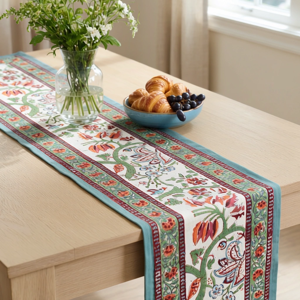 Hand Block Printed Cotton Canvas Table Runner 33x120 cms Anarkali Green Open 106822