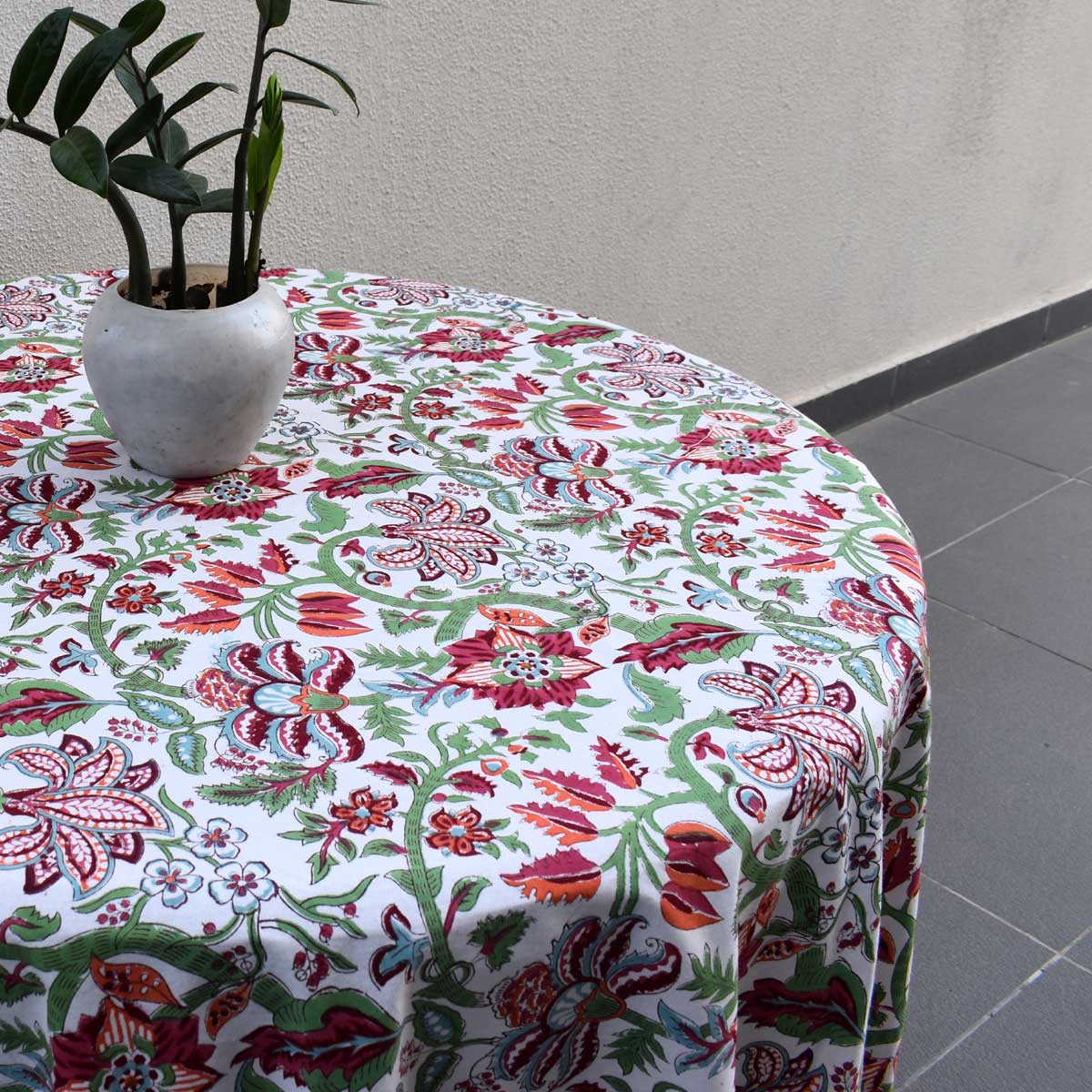 Hand Block Printed Cotton Round Tablecloth 220 cms Anarkali Green Open 106822