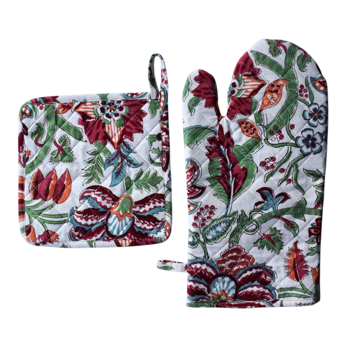 Artisan-Made Hand Block Printed Oven Mitt and Pot Holder Set Anarkali Green Open 106822