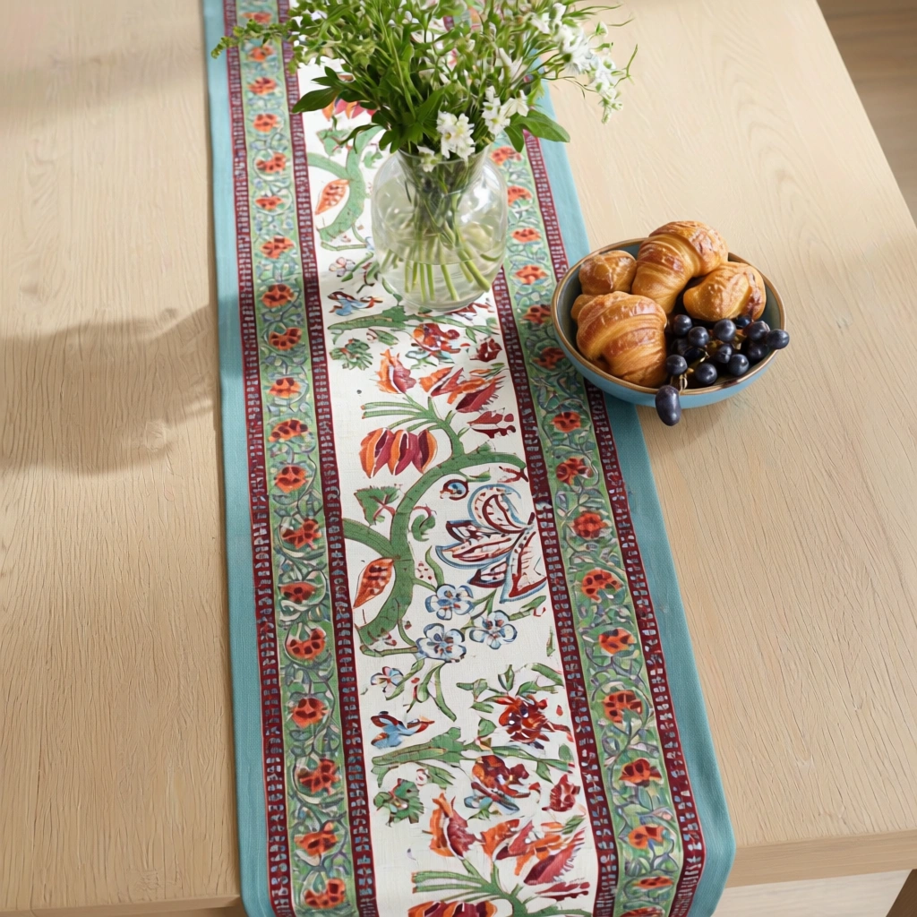 Hand Block Printed Cotton Canvas Table Runner 33x170 cms Anarkali Green Open 106822