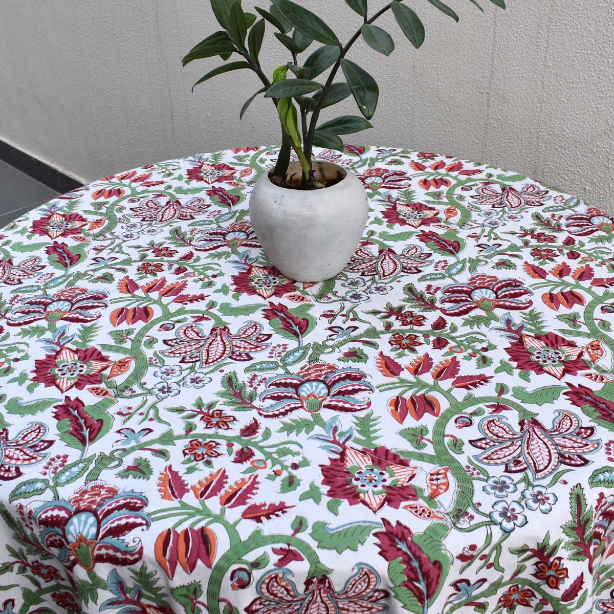 Hand Block Printed Cotton Round Tablecloth 180 cms Anarkali Green Open 106822