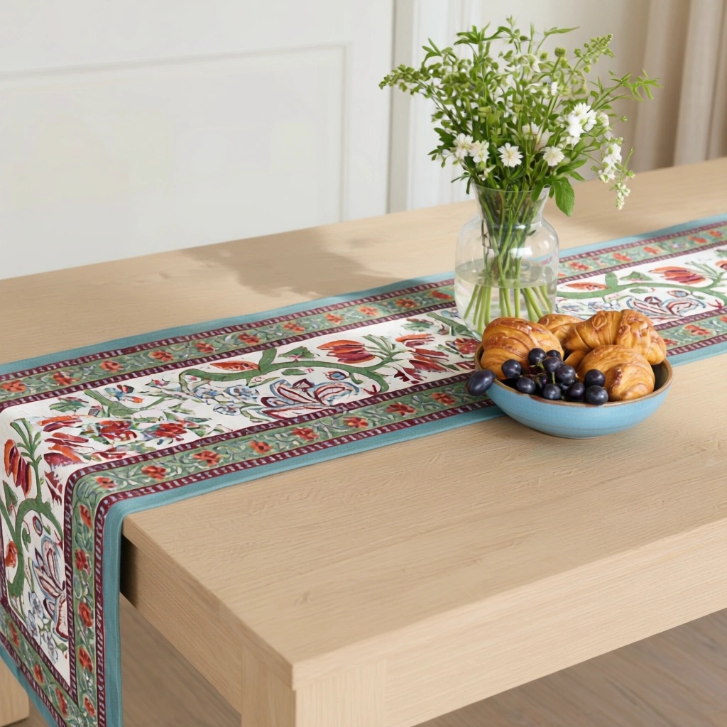 Hand Block Printed Cotton Canvas Table Runner 33x170 cms Anarkali Green Open 106822