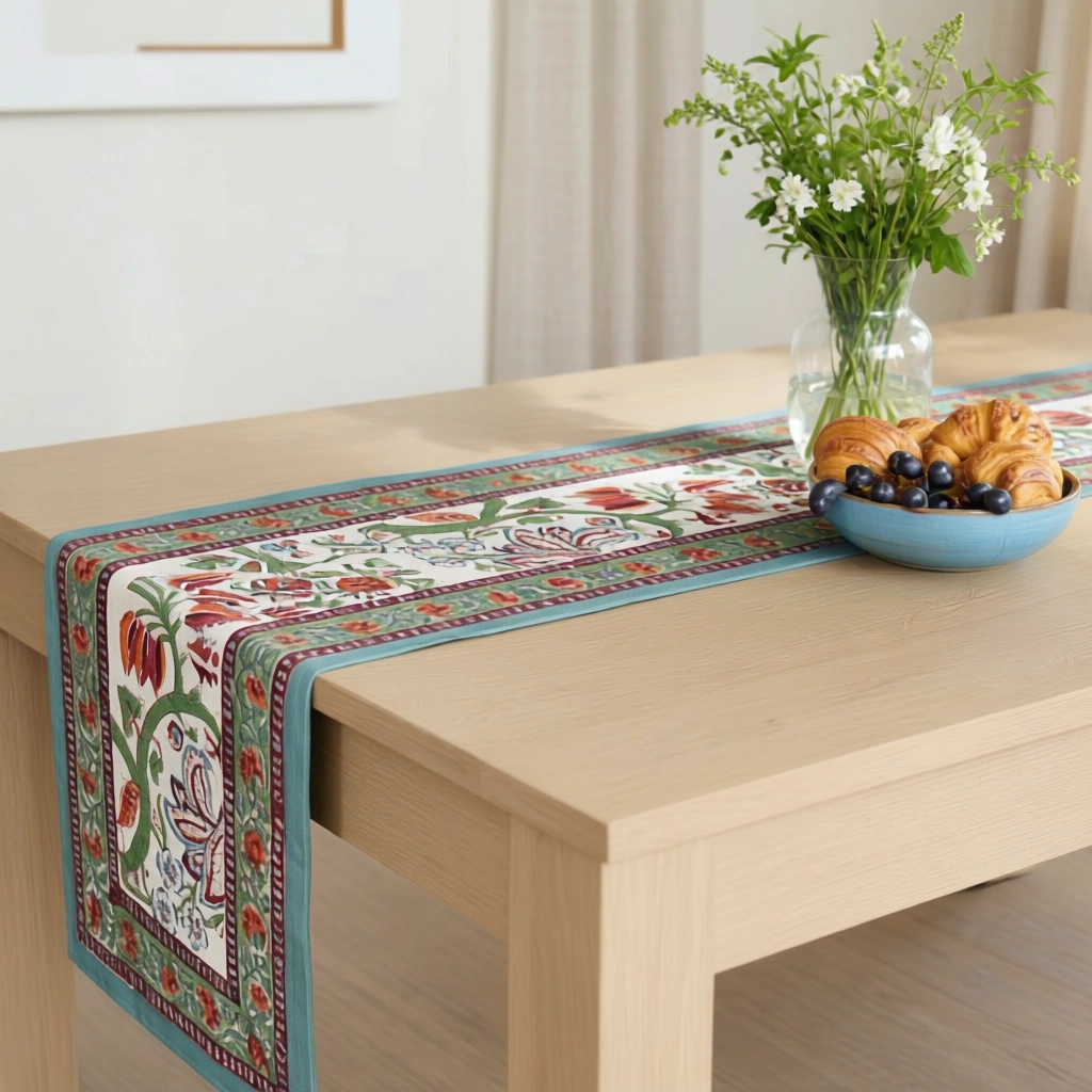 Hand Block Printed Cotton Canvas Table Runner 33x170 cms Anarkali Green Open 106822