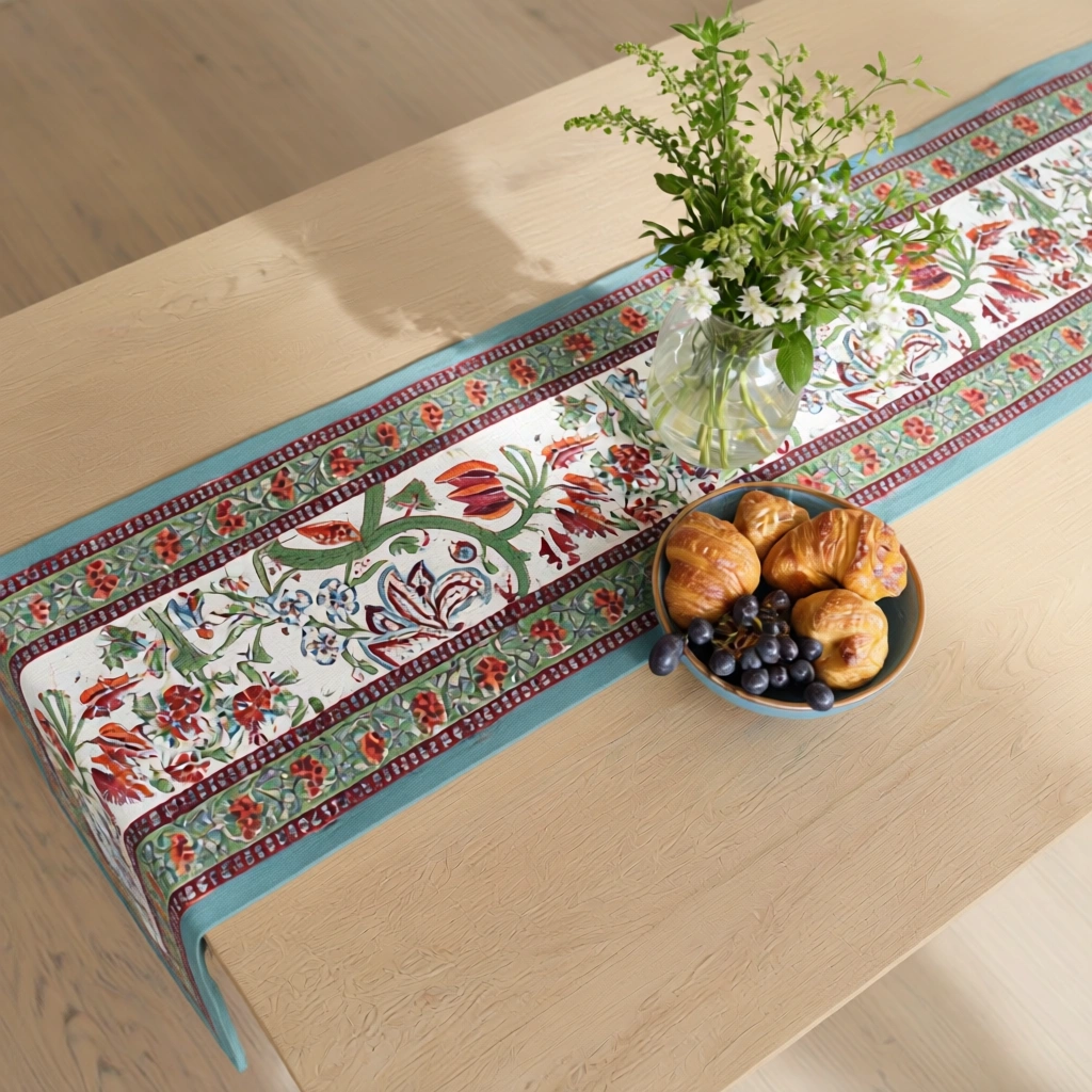 Hand Block Printed Cotton Canvas Table Runner 33x170 cms Anarkali Green Open 106822
