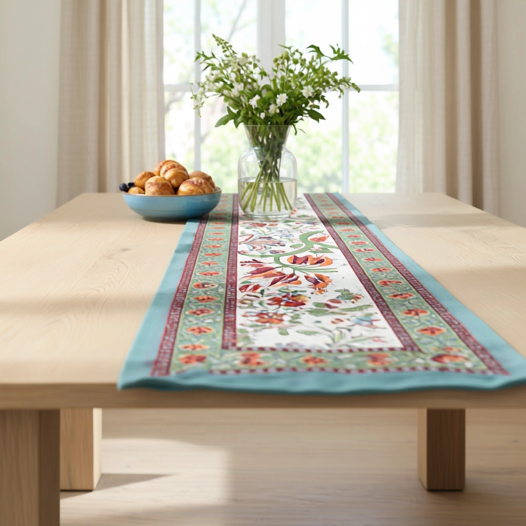 Hand Block Printed Cotton Canvas Table Runner 33x170 cms Anarkali Green Open 106822