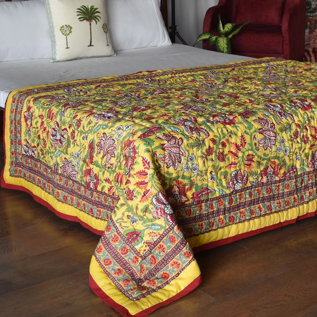 Hand Block Printed Cotton Twin Size Quilt Anarkali Lime Gud 260620