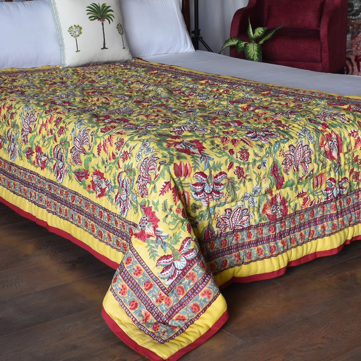 Hand Block Printed Cotton Twin Size Quilt Anarkali Lime Gud 260620