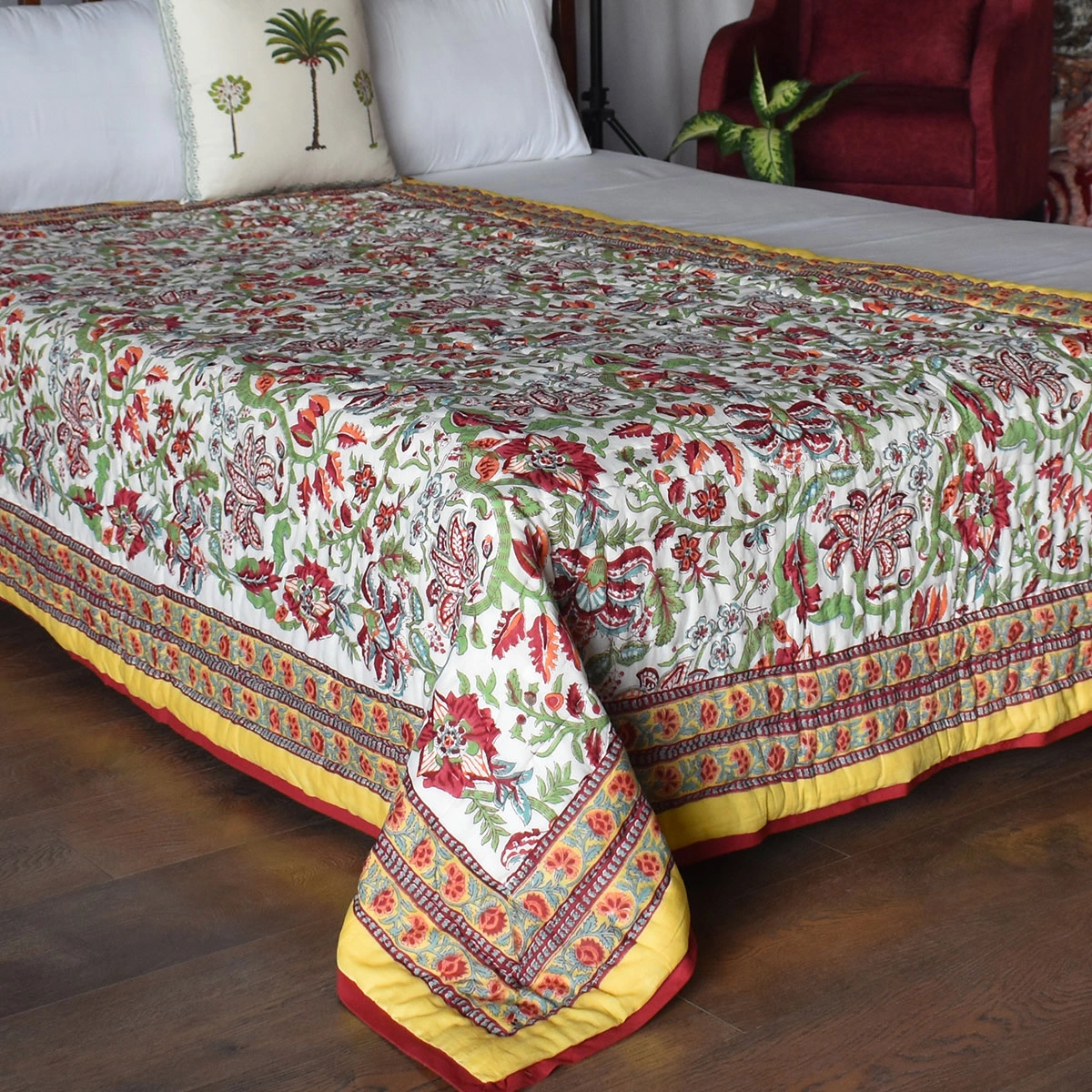 Hand Block Printed Cotton Twin Size Quilt Anarkali Lime Gud 260620