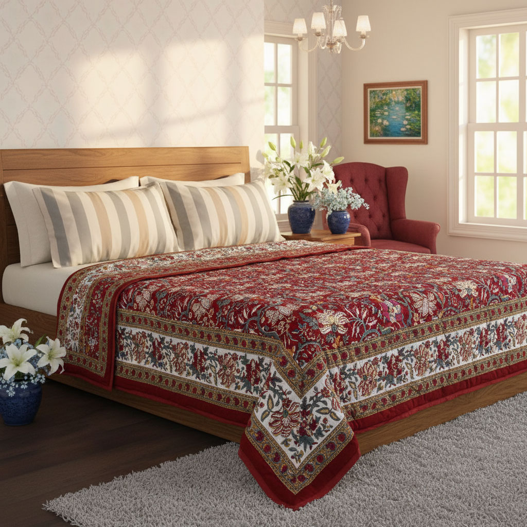 Hand Block Printed Cotton King Size Quilt Anarkali Red Gud 201397