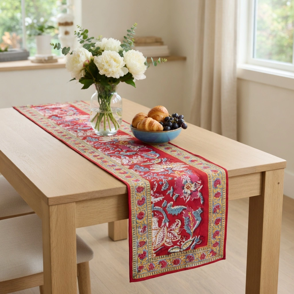 Hand Block Printed Cotton Canvas Table Runner 33x120 cms Anarkali Red Gud 201397