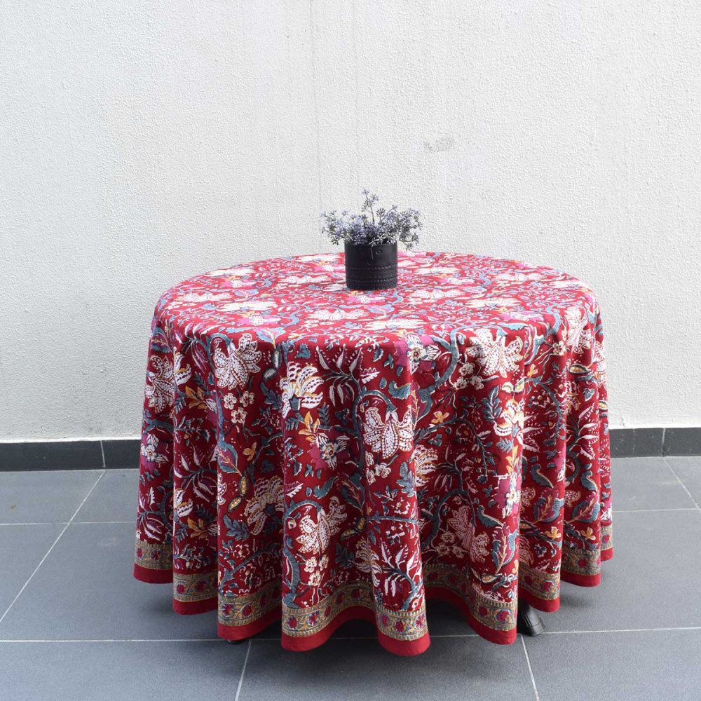 Image of Hand Block Printed Cotton Round Tablecloth 150 cms | Anarkali Red Gud 201397