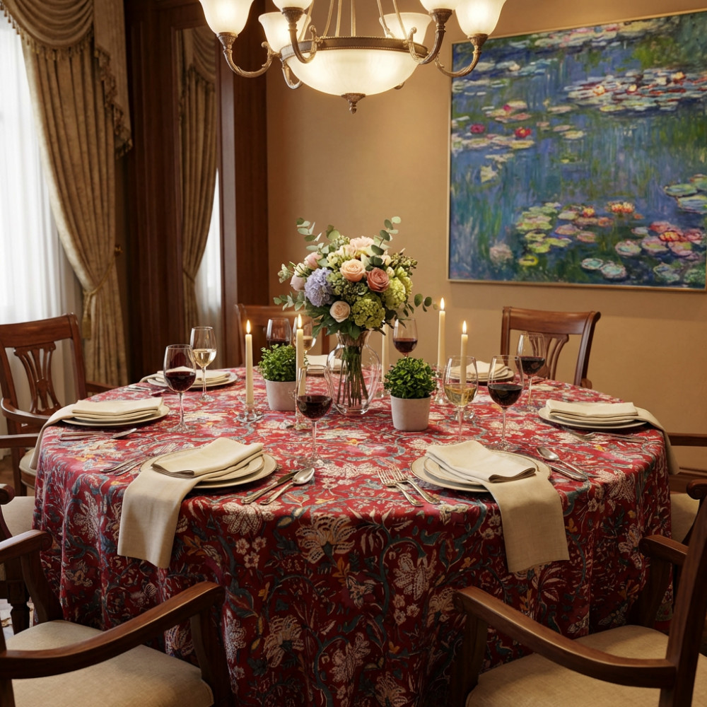 Image of Hand Block Printed Cotton Round Tablecloth 180 cms | Anarkali Red Gud 201397