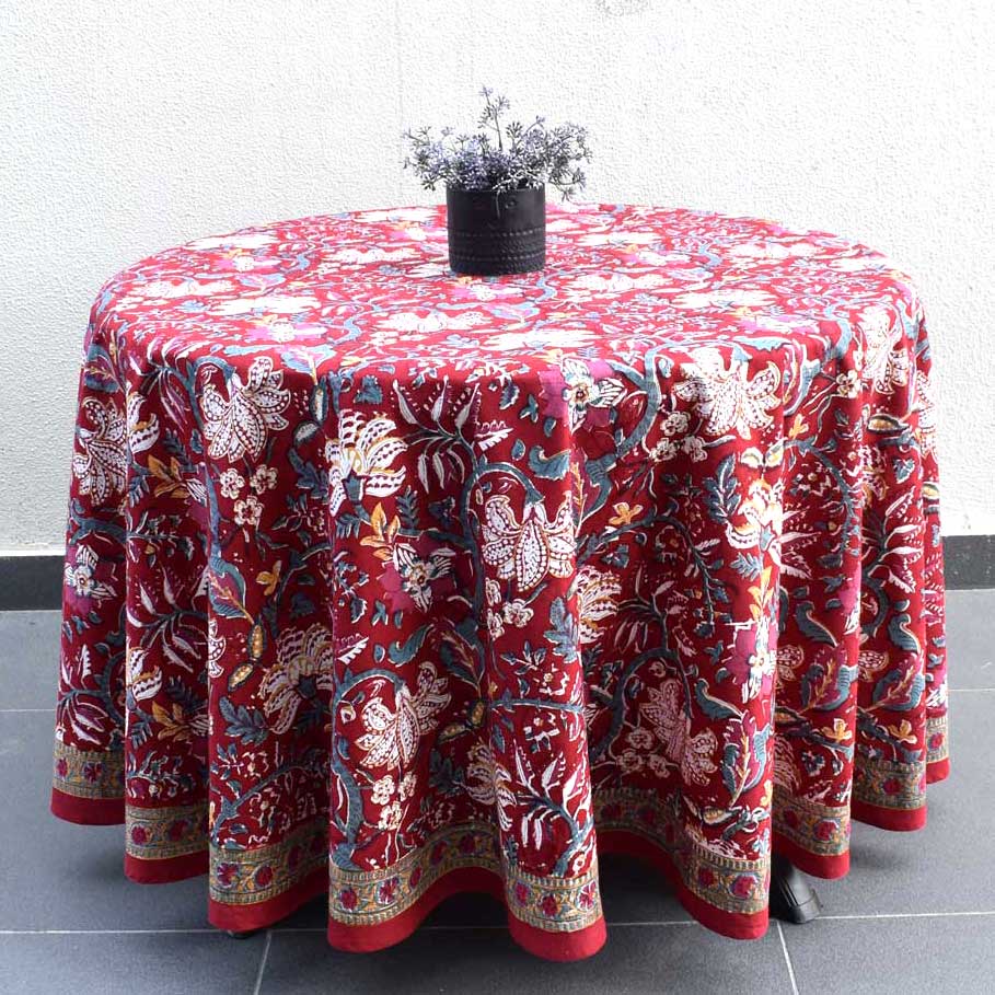 Hand Block Printed Cotton Round Tablecloth 275 cms Anarkali Red Gud 201397