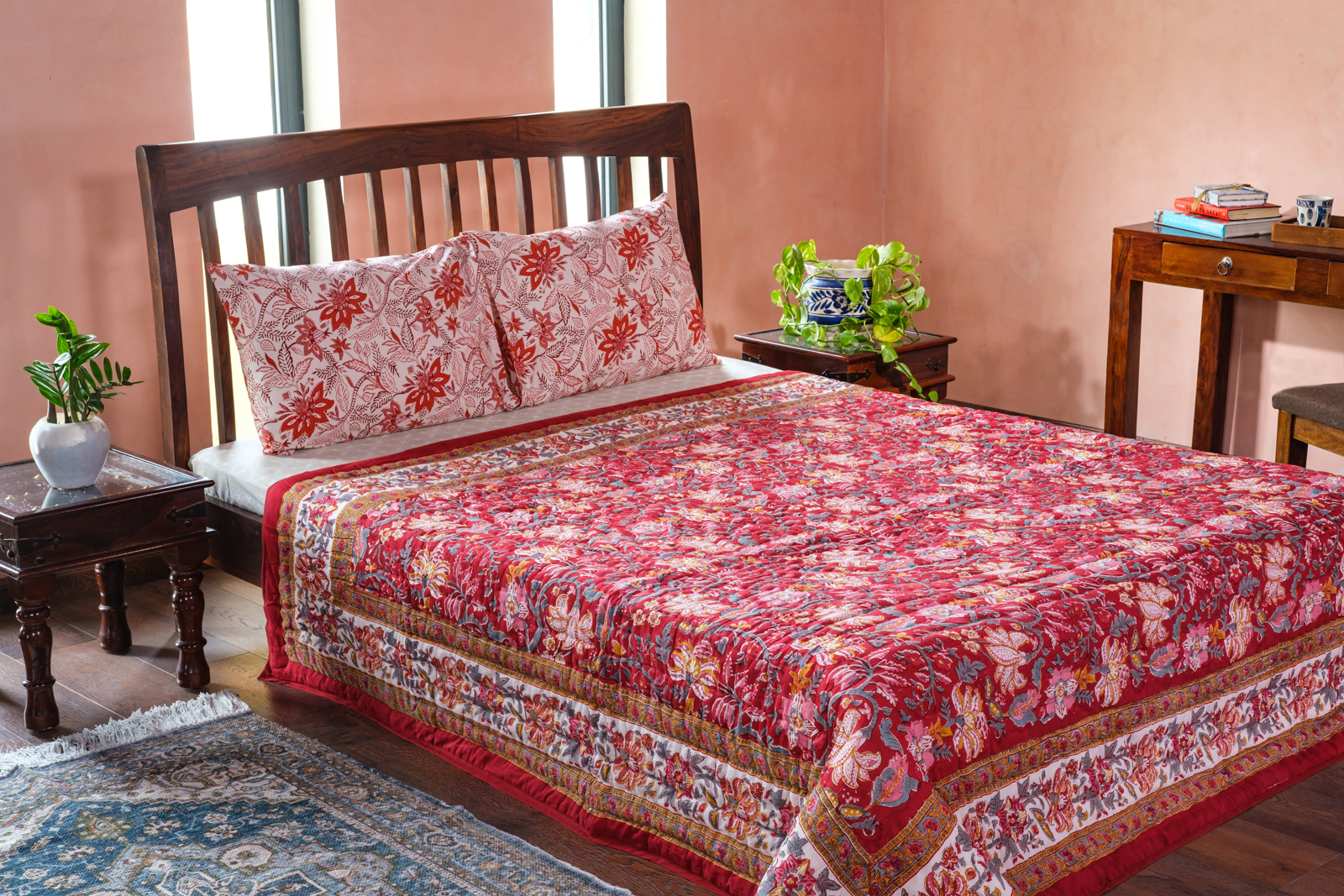 Hand Block Printed Cotton Queen Size Quilt Anarkali Red Gud 201397