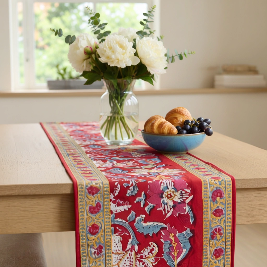 Hand Block Printed Cotton Canvas Table Runner 33x170 cms Anarkali Red Gud 201397