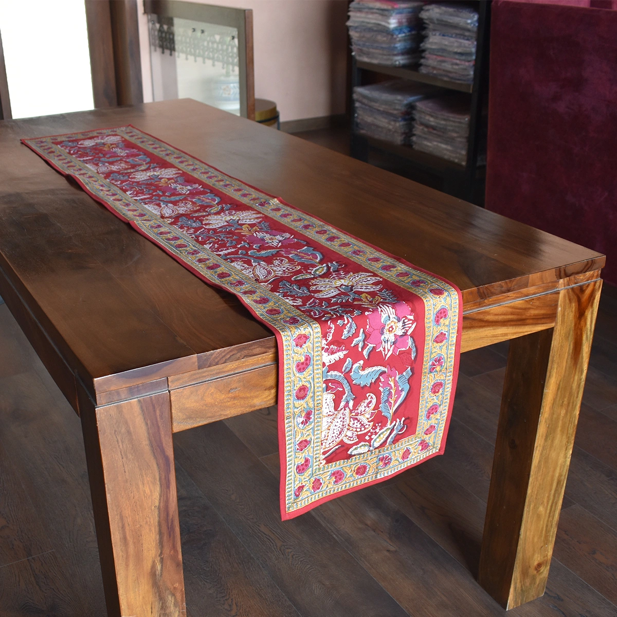 Hand Block Printed Cotton Canvas Table Runner 33x170 cms Anarkali Red Gud 201397