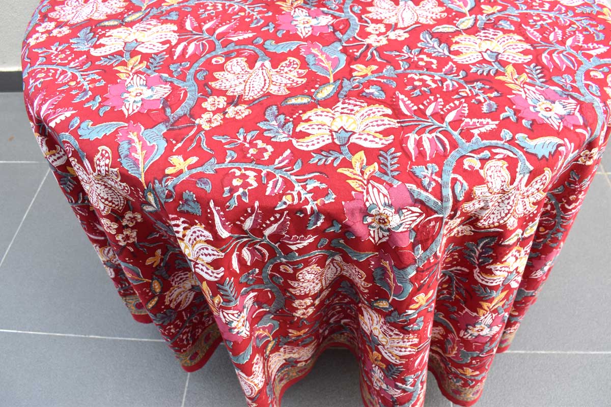 Hand Block Printed Cotton Round Tablecloth 180 cms Anarkali Red Gud 201397