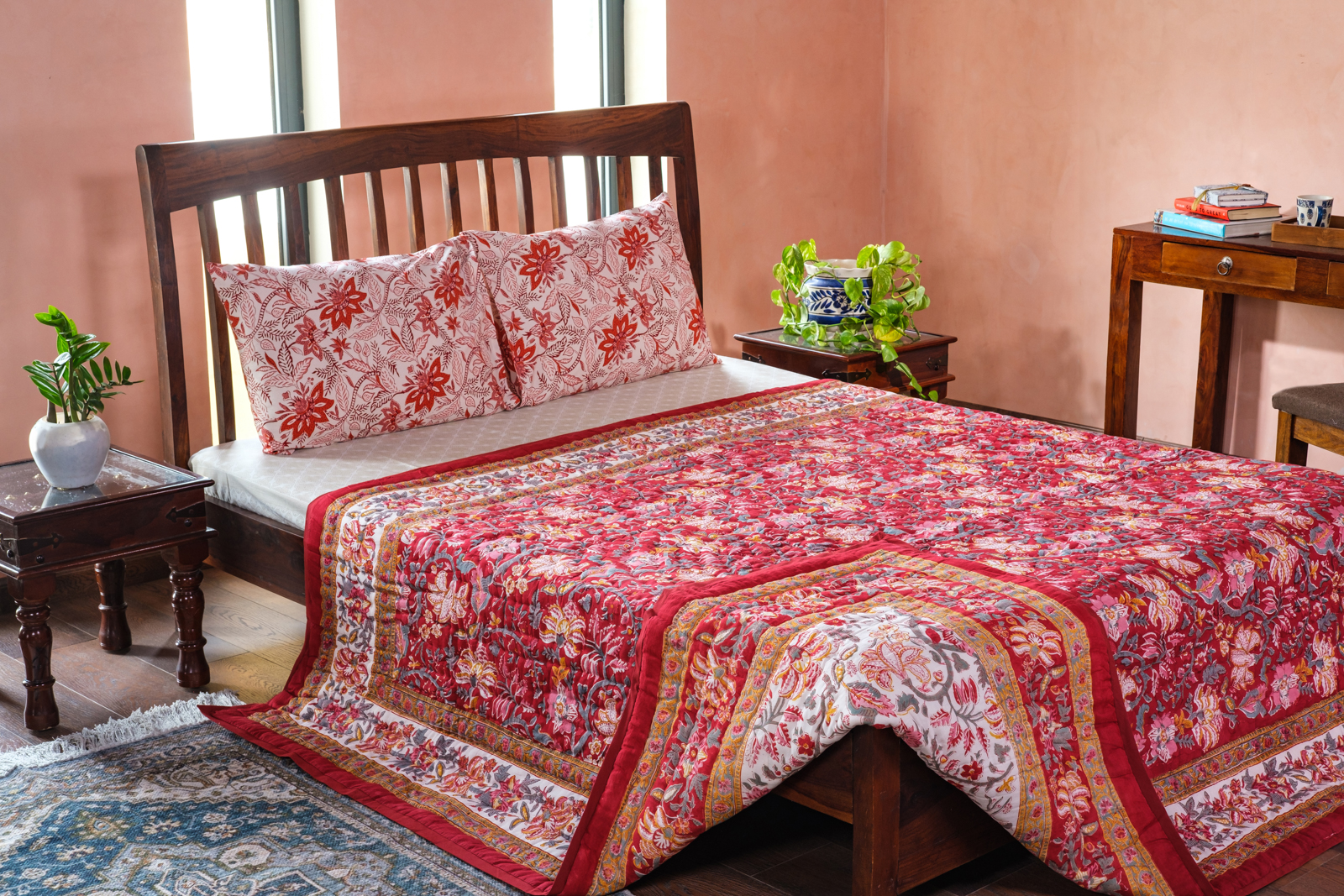 Hand Block Printed Cotton Queen Size Quilt Anarkali Red Gud 201397