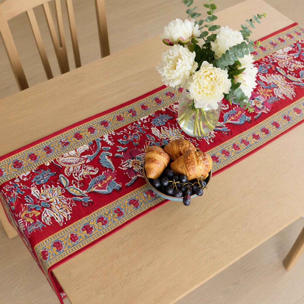 Hand Block Printed Cotton Canvas Table Runner 33x120 cms Anarkali Red Gud 201397