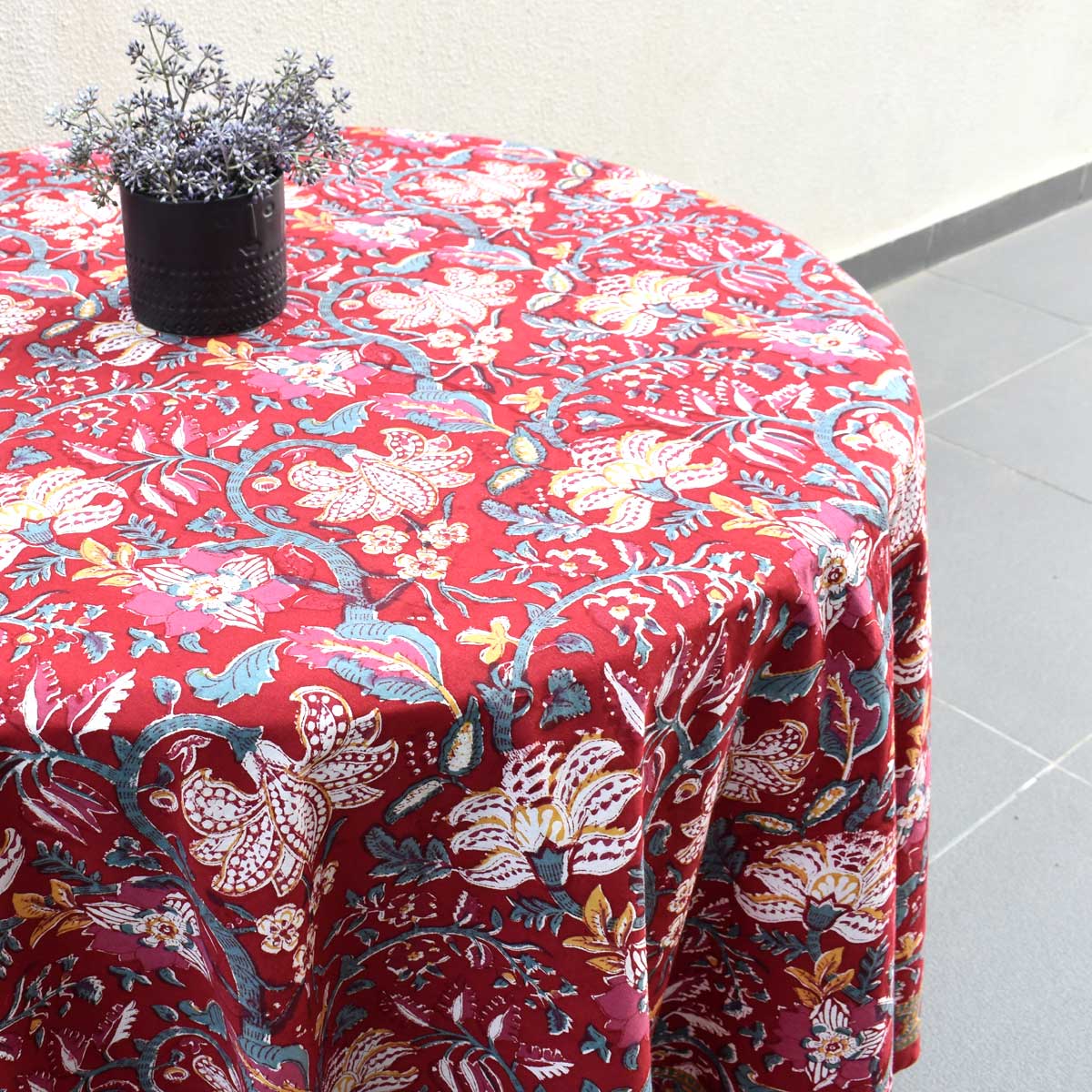 Hand Block Printed Cotton Round Tablecloth 275 cms Anarkali Red Gud 201397