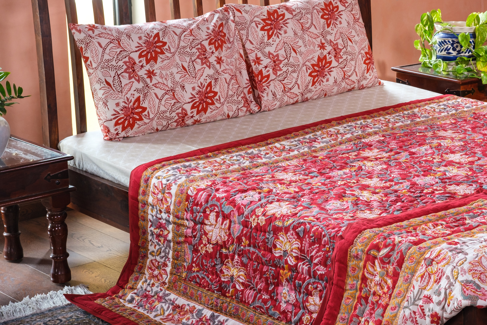 Hand Block Printed Cotton Queen Size Quilt Anarkali Red Gud 201397