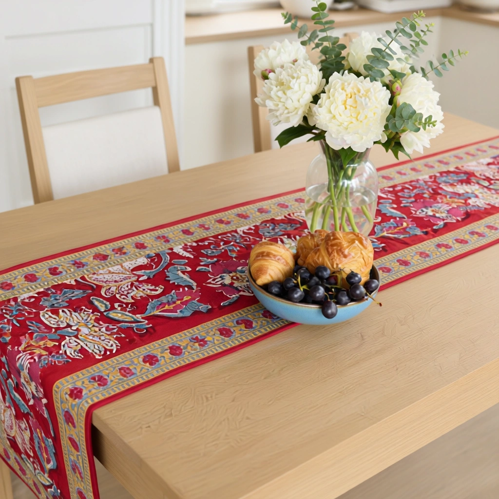 Hand Block Printed Cotton Canvas Table Runner 33x170 cms Anarkali Red Gud 201397