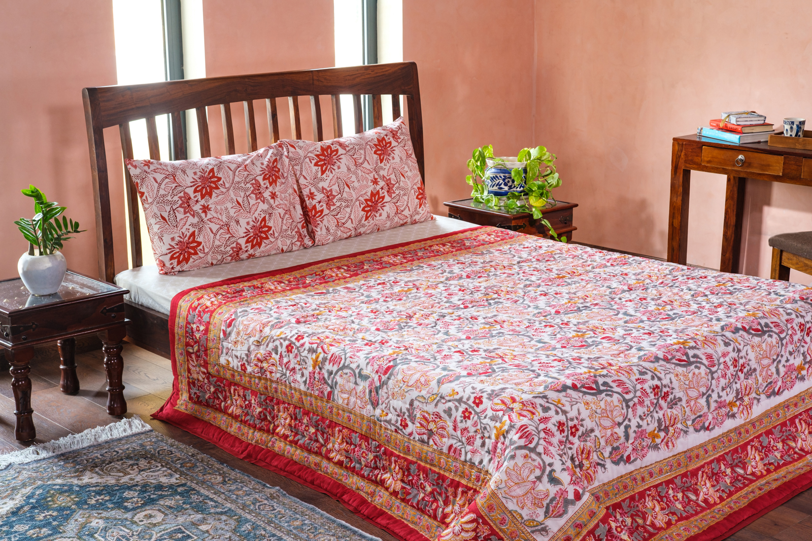 Hand Block Printed Cotton Queen Size Quilt Anarkali Red Gud 201397