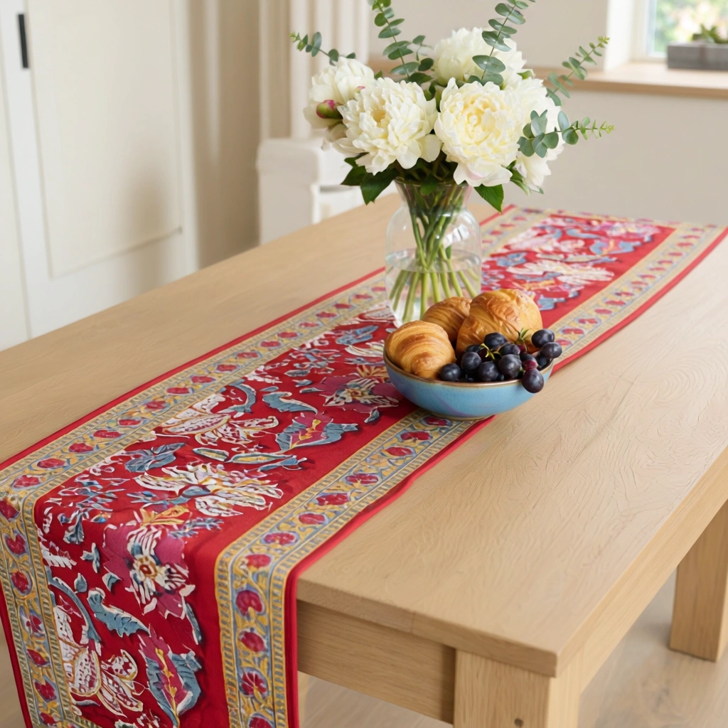 Hand Block Printed Cotton Canvas Table Runner 33x170 cms Anarkali Red Gud 201397