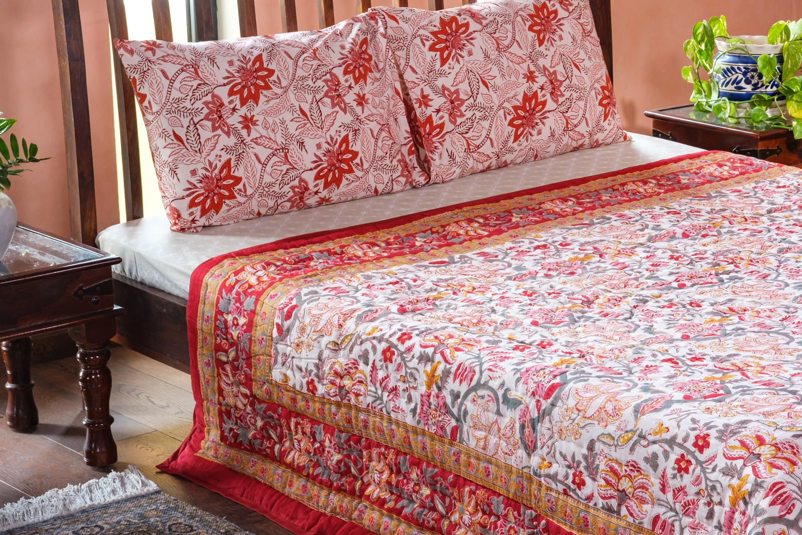 Hand Block Printed Cotton Queen Size Quilt Anarkali Red Gud 201397