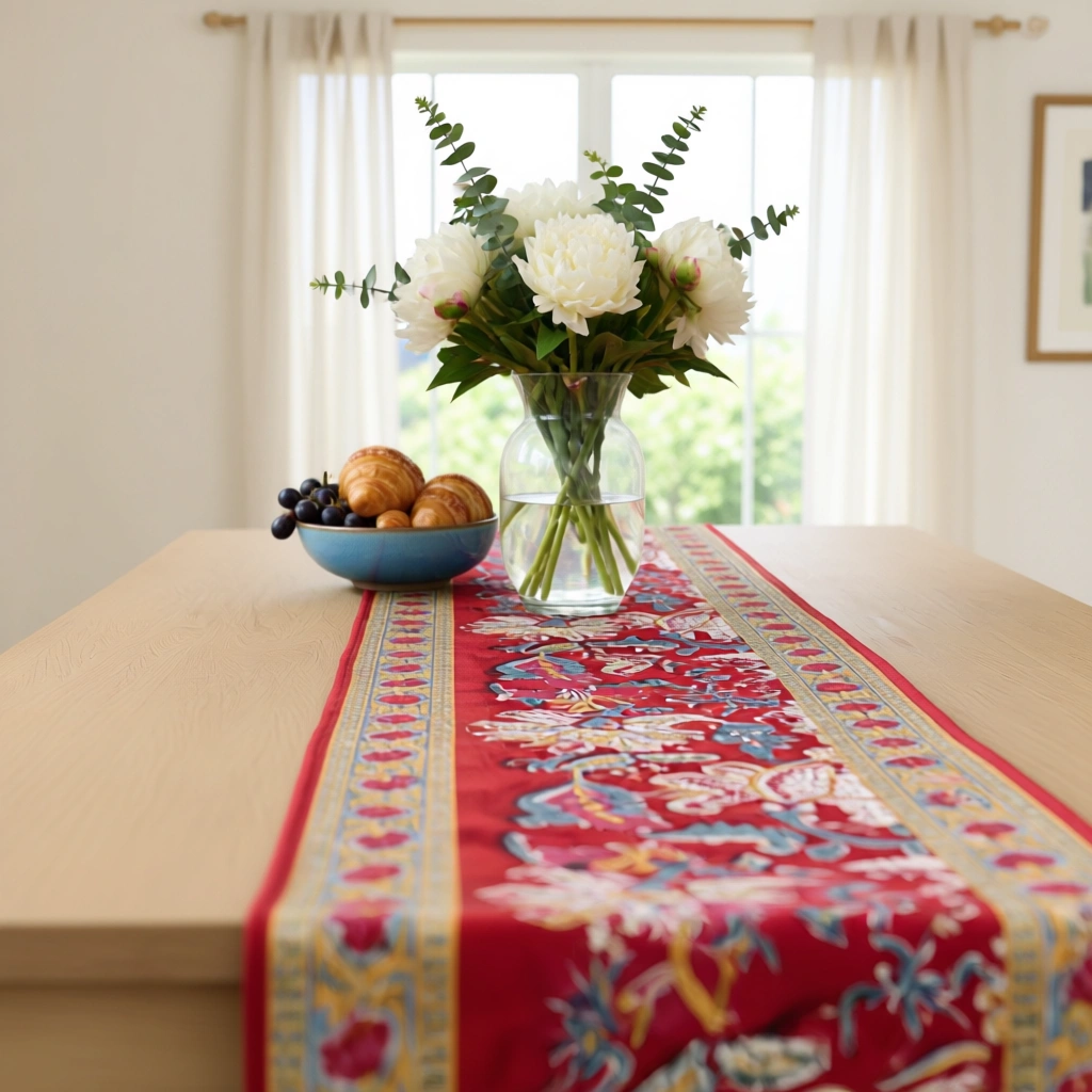 Hand Block Printed Cotton Canvas Table Runner 33x120 cms Anarkali Red Gud 201397
