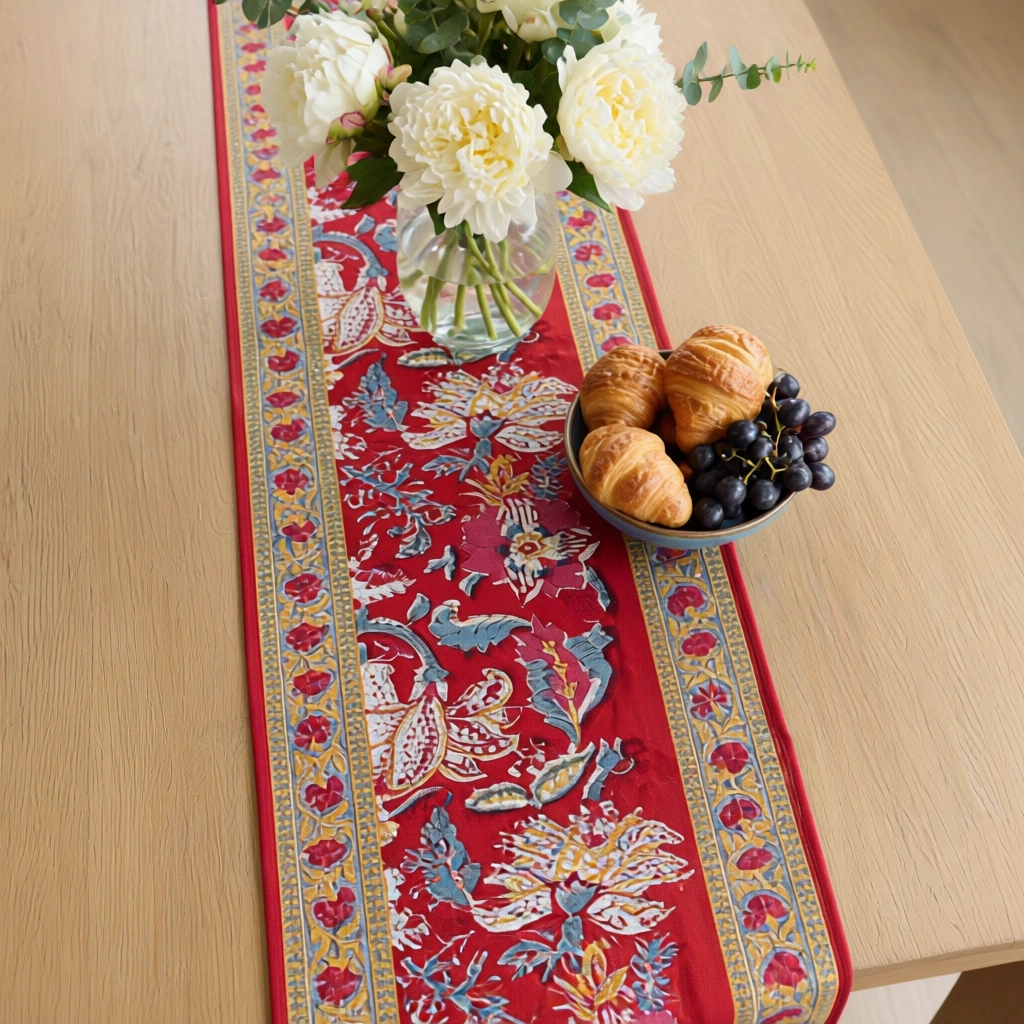 Hand Block Printed Cotton Canvas Table Runner 33x170 cms Anarkali Red Gud 201397